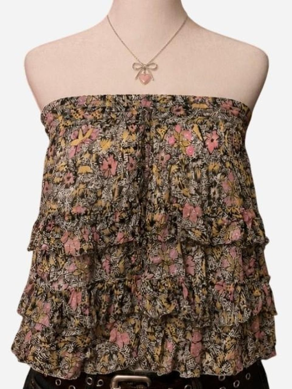 Tularosa Strapless Ruffled Floral Camisole in Black, Pink & Mustard